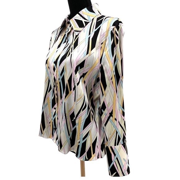 Vintage  St. John Silk Multi‎ Color Abstract Striped Mod Dagger Collar Blouse 12 - Picture 7 of 10
